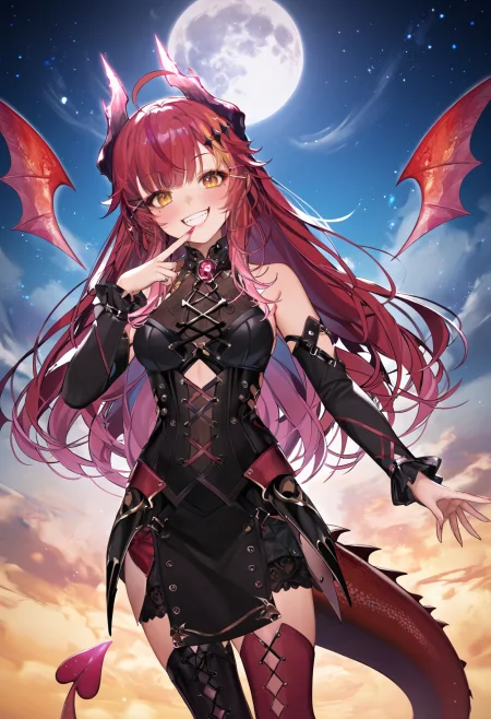 sourced_anime, 1girl, (SudaYoruka:1.1), dragon horns, dragon tail, dragon wings, (mini wings:1.2), highly detailed yellow eyes, looking at viewer, (crazy eyes:1), evil grin, 
interesting background, detailed background, aerial, cinematic angle, dynamic angle, (dynamic pose:1.3), gradient, starry sky, blue sky, cloudy sky, (finger gun:1), cowboy shot, moon, 
<lora:SudaYorukaXL_autismmixPony2:1.1>, <lora:Shine_colorful_XL_15E2B3A3C_RT:1.2>, (Shine colorful:1.2), <lora:add-detail-xl:0.5>, <lora:ClearHand-V2:0.9>
