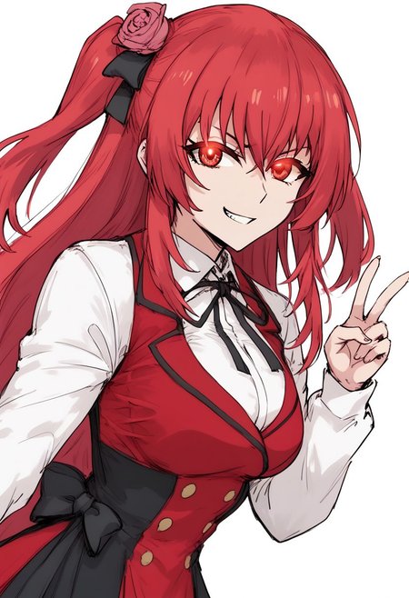 score_9, score_8_up, score_7_up, solo, upper body portrait, naughty traditional art, lineart, fully clothed, action pose, V sign,
<lora:Amelia_Rose:0.8>, amelia_rose, 1girl, red hair, red eyes, Main dress; school uniform, white thighhighs,
glowing eyes, smug, hair ornament,
looking at viewer,
dark fantasy,
<lora:cutesexyronutts_style_xl:0.8>, <lora:Black_souls_style:0.8>, <lora:artisdex_Art_Style_PONY_XL_by_UOC:0.6>, 4rtisd3x, artisdex, artisdex art style,