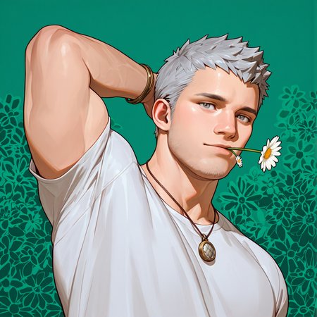<lora:NERO-07:1>
nero, solo, looking at viewer, short hair, shirt, 1boy, closed mouth, jewelry, grey eyes, white shirt, upper body, grey hair, mature male, muscular male, muscular, male focus, flower, short sleeves, necklace, bara, arm up, bracelet, watermark, white flower, t-shirt, grey shirt, green background, pendant, arm behind head, realistic, floral background, daisy, flower in mouth, mouth hold
, motion blur, film grain, abstract, natural lighting, fantasy, cinematic, dynamic view, very awa, masterpiece, best quality, absurdres, newest, perfect quality, detailed background, intricate details, (artist:fl \(l-fl\):0.7), (artist:tooboshoo:0.7), (artist:dizdoodz:0.8)