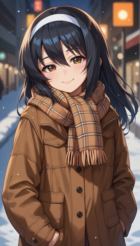 score_9, score_8_up, score_7_up, score_6_up, , solo, 20yo woman, (Beuty:1.1) , (cute:1.3),  half-closed eyes
 <lora:Mako Reize:1> reizei mako, long hair, black hair, white hairband, brown eyes,  scarf, blurry, blurry background, bokeh, depth of field, hair between eyes, jacket, long sleeves, looking at viewer, plaid, plaid dress, plaid jacket, plaid scarf, plaid shirt, scarf, smile, solo, unmoving pattern, street, winter, snow, one hand on pocket, v over eyes,