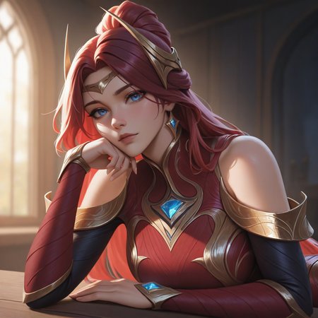masterpiece, best quality, newest, absurdres, highres, ireliadefault, 1girl, crimson dress, gold armored dress, gold diadem, gold hair ornament, bare shoulders, detached sleeves, dark red hair, half up half down, blue eyes,<lora:Irelia:1>