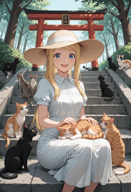 masterpiece, best quality, highres, absurdres, very awa, 1girl, solo, wnrbll, blonde hair, sidelocks, long hair, sundress, white dress, (collared dress), outdoors, stairs, stone stairs, tree, cat, petting, kitten, too many, too many cats, blue eyes, sun hat, torii, sitting, on lap, animal on lap, cat on lap, squatting, looking at viewer, smile, open mouth