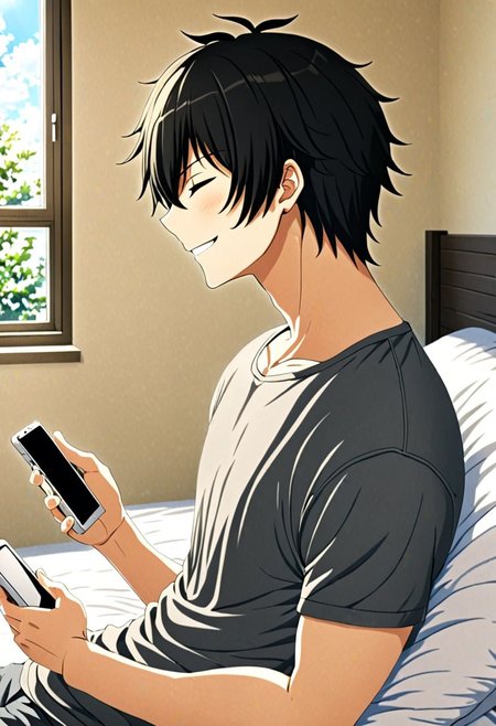 high resolution, solo, best quality, 1Boy, Seiya Kanie, black hair, short hair, holding smartphone, t-shirt, on the bed, sunny day, window, smile, side view, sit, nap, indoor, bed room, OverallDetail