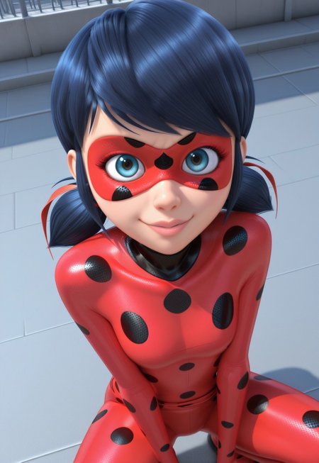 <lora:LedybugIL:0.9>  l_b, 1girl, fair skin,  black hair, shoulder-length hair with pigtails, light pink lips, blue eyes,  red polka-dot bodysuit, red polka-dot domino mask, full suit, looking at viewer,  cowboy shot, midriff, from above, dutch angle, naughty face, looking at viewer, squatting, front view, spreading legs,<lora:ADisneyPlusRealism_style:0.85>, DisneyXL,