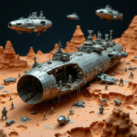 microworldlora. 
Image of a miniature model of a colossal spaceship wreck, resting on the surface of a barren alien planet. Pieces of the ship's hull are torn open, revealing dark, crumpled interior chambers. The surrounding landscape is filled with craters and jagged rocks, and tiny alien creatures can be seen scavenging parts from the wreck. Floating above, other damaged ships hover in the sky, their glowing lights flickering weakly as they descend into the same fate.
