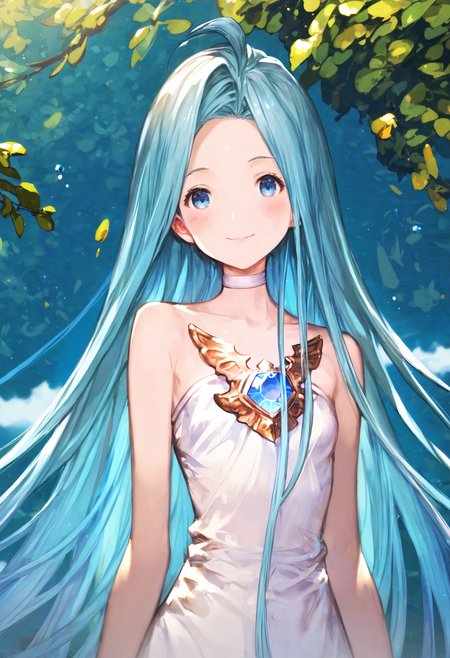 score_9, score_8_up, score_7_up,score_6_up, source_anime, best quality, aesthetic, absurdres,
1girl, solo, smile, blush, (clear eyes:1.2), looking at viewer,
Lyria (Granblue Fantasy), very long hair, blue hair, (body_slim, skinny:1.1), white choker, blue gem, white cami-dress, bare shoulders, strapless,  miniskirt,
(clear eyes:1.1), <lora:Lyria-Pony:0.8> <lora:IshikePony:0.3>