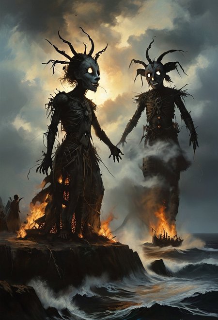 DonMn1ghtm4reXL, stephen gammell (artist), chiaroscuro, low-key,  great lighting, corcoc3s, c3s,(Folk rural horror:1.5), (isolated island community:1.3), (massive wicker man structure:1.5), (twilight scene on coastal cliff:1.2), (jubilant villagers dancing:1.4), (pagan ritual atmosphere:1.3), (protagonist trapped inside wicker man:1.4), (terrified expression visible through gaps:1.3), (flickering torches illuminating scene:1.2), (ominous bonfire preparations:1.3), (traditional folk costumes with unsettling masks:1.4), (contrast between festive mood and impending doom:1.5), (Celtic-inspired designs on wicker man:1.2), (stormy sea in background:1.1), oil painting technique, hyper-detailed, 8k resolution, unsettling warm light from flames, (sense of inescapable fate:1.3), (blurred line between celebration and cruelty:1.4), photorealistic textures, (oppressive inevitability:1.3), (implicit threat in joyful faces:1.4), (foreboding atmosphere despite festivities:1.5)