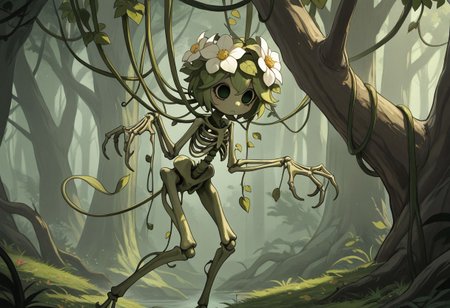 masterpiece, best quality, amazing quality, very aesthetic, absurdres, newest, mystical_forest, midjourneyv6.1, aid291, Human_rib cage, Flower head, Skeletal hands, claw hands, vines_interwoven, vine legs,