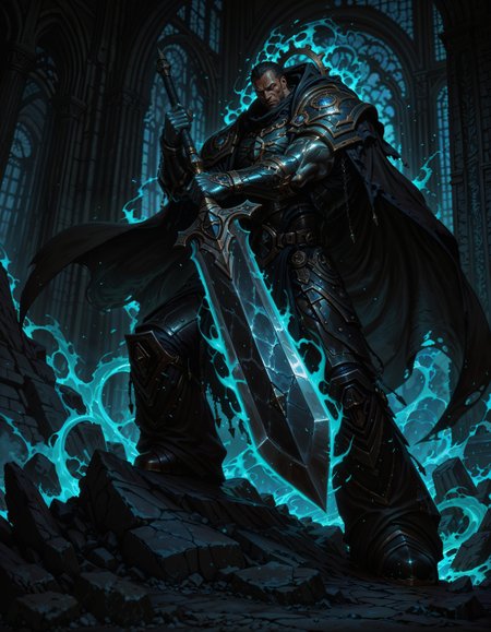 masterpiece, best quality,high quality, newest, highres,8K,HDR,absurdres, 1boy, iLLFerrusM40k, solo, armor, metallic arms, holding a sword, shadowy aura, ancient ruins, cursed weapon, tattered cape, battle stance, ethereal mist, detailed background, depth of field, dynamic pose, foreshortening, cinematic lighting, dramatic shadows, enchanted symbols, intricate magic patterns, deep color contrast, gothic architecture, dark theme, high fantasy setting., detailed background, dynamic pose, dynamic composition,dutch angle, detailed backgroud,foreshortening,blurry edges  <lora:iLLFerrusM40k:1> <lora:iLLMythG0thicL1nes:0.8> G0thicL1nes
