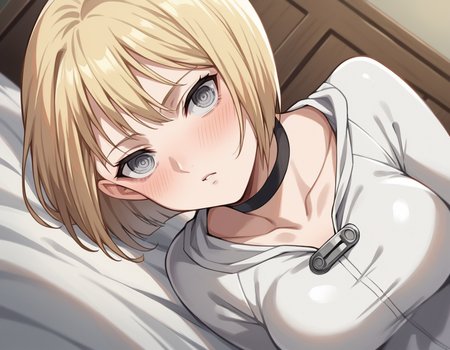 score_9, score_8_up, score_7_up, source_anime,
claymoreclaire, <lora:claymore-claire-s1-ponyxl-lora-nochekaiser:1>,
claire, short hair, blonde hair, grey eyes, bob cut, pale skin, white skin, ringed eyes,
choker, bodysuit, white bodysuit, collarbone, long sleeves,
indoors, bed, bed room, on side, blush, drunk,
solo, looking at viewer, cowboy shot, dutch angle,
