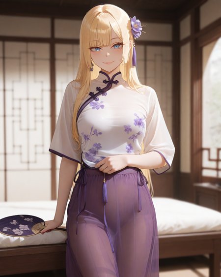 Masterpiece, best quality, amazing quality,newest,absurdres,highres,
1girl,solo, 
blonde_hair, long_hair, straight_hair,hime_cut,blue_eyes,side hair flower,bangs,  
QHNY0,
chinese shirt,purple skirt,floral print, 
standing,cowboy_shot,  
looking_at_viewer,holding a circular fan,smile,    
chinese room,blurry_background,soft light, 





