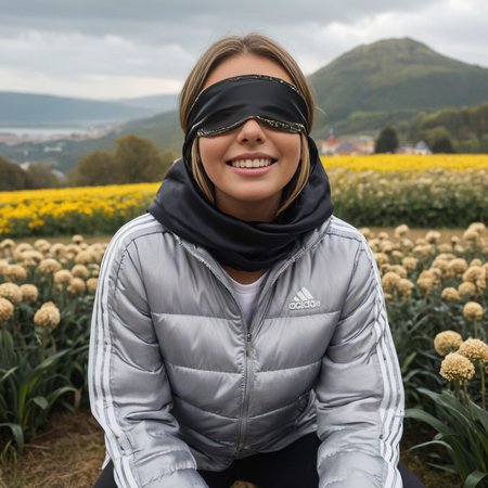 (((dark cinematic still with dark vibes))),one squatting  screaming swedish women,<lora:adidas_puffer_jacket_v1:0.7> adidas_puffer_jacket ,  satin Poncho ,satin_scarf_blindfold,smile,beautiful eyes,tea,stormy weather,landscape,gleaming diamond palace with golden accents , radiating light, amidst brilliance, glittering professional photography, macro, natural lighting, ,happy,sky,flower ,water,canopy,glitter,luster
 <lora:satin_scarf_blindfold:0.4>
<lora:add-detail-xl:1>