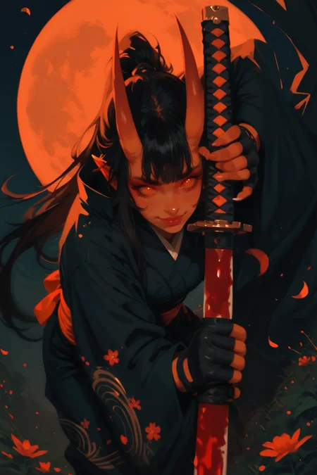 1girl, weapon, horns, sword, solo, unsheathing, moon, japanese clothes, black hair, orange skin, holding weapon, holding, long hair, holding sword, sheath, kimono, oni, katana, full moon, looking at viewer, glowing, colored skin, red eyes, white kimono, night, fingernails, smile, east asian architecture, architecture, glowing weapon, blood, gloves, floral print, petals, water, outdoors, fingerless gloves, glowing sword, scabbard, sky, sash, sharp fingernails, holding sheath, glowing eyes, leaning forward, ponytail, black kimono, orange trim, zPDXL3, detailxl,  Score_PnyReal, (lineless:1.5)