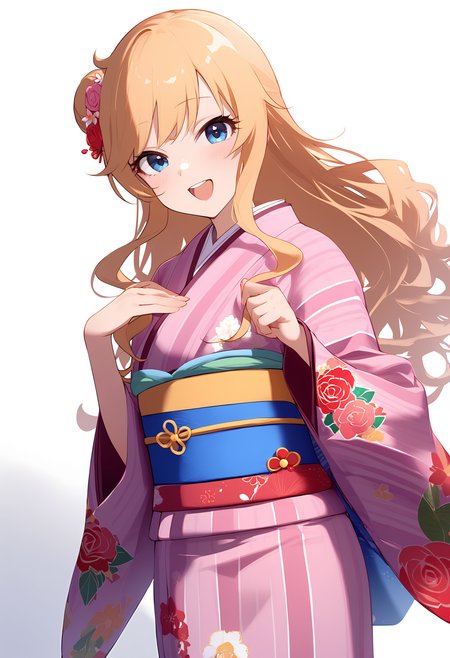 1girl,
ohtsuki yui,


solo, looking at viewer, blush, sash, striped kimono, upper teeth only, pink kimono, open mouth, multicolored clothes, teeth, hand on own chest, white background, pink flower, obi, blonde hair, yukata, hair ornament, red flower, pink rose, multicolored kimono, print kimono, long hair, wide sleeves, hair bun, vertical-striped clothes, single side bun, wavy hair, cowboy shot, rose, striped clothes, kimono, japanese clothes, sidelocks, hair flower, smile, flower, long sleeves, vertical-striped kimono, blue eyes,

sfw
<lora:a31_char_new_ohtsuki_yui:1> <lora:a31_style_koni-000010:0.8>