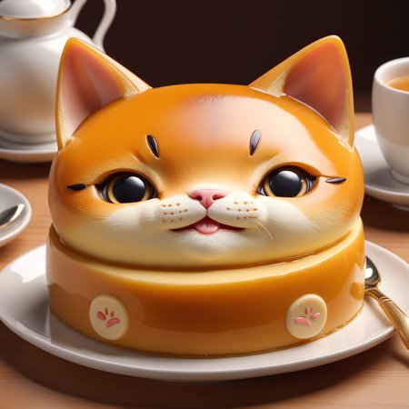 cute flan shaped like a cartoon cat face, masterpiece, best quality, detailed, realistic, 8k UHD, high quality, lifelike, precise, vibrant, absurdres, SimplepositiveXLv1