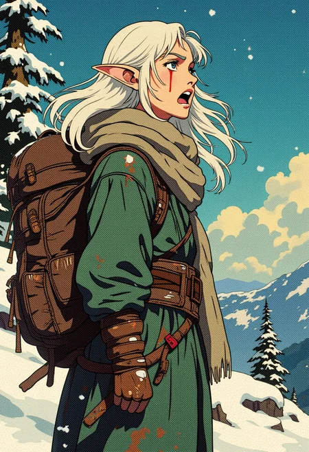 retro anime style, precise, detailed, masterpiece, vertical scar on face across the eye, elf girl in baggy rags outfit, character struggling against strong wind, huge fantasy backpack, brown book attached to a backpack, (lots of fantasy potions on the waist), green and dirty white outfit, long elf ears, very long scarf waving on a strong wind her long hair waving with a gust of wind, (covering herself from the wind), open mouth. The backdrop is a view from a top of the snowy mountain into a snow valley, relieved after long journey. the tone of the picture is bright and melancholic, snow flakes flying with a wind, snowy trees are getting bent by a strong wind, whole scene is affected by a strong wind,