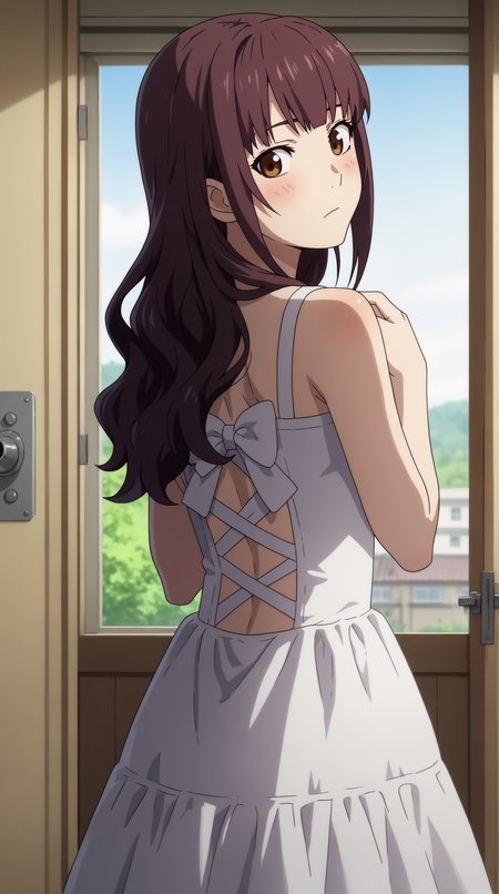 score_9, score_8_up, score_7_up, best background, detailed background, 4k, upscale, anime_source  Nazuna Oikawa, Summer Dress, solo, looking at viewer, blush, looking back, window, door  <lora:JN_Nazuna_Oikawa_Pony:0.8>