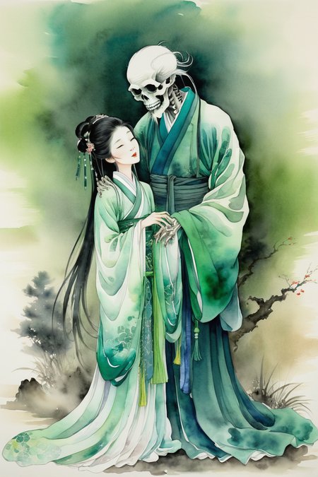 a chinese scholar is embraced by a ghostly skeletal figure, traditional hanfu attire, serene expression, delicate watercolor technique, rich green background, eerie yet tender atmosphere, transparent spectral form, 40 years old, chinese ink painting inspired by tsukioka yoshitoshi, masterpiece