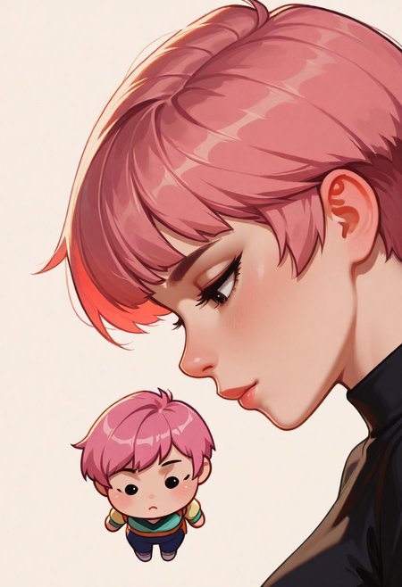 chibi, high contrast, masterpiece, best quality, amazing quality, very aesthetic, retro artstyle, realistic, promotional art, newest, volumetric lighting.
(artist:incase:0.5), (artist:tsuaii:0.5), color theory,
1girl, face,solo, straight-on, focus on face, side view, profile, tilt head down, look down, Pixie cut, pink hair, luminescent background, simple background.