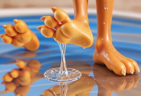 Bubsy, bob cat, barefoot, brown feet, yellow soles, foot focus, 3 toes, wet on feet, water, close up