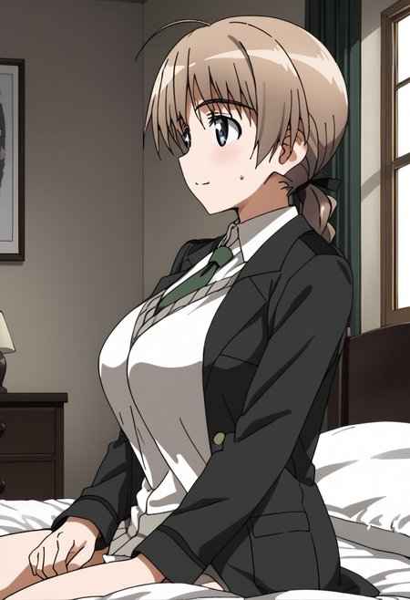 Lynette Bishop\(Strike Witches\), Big breasts, Sitting on bed, 1940s Bedroom, Looking out the window, view from side,