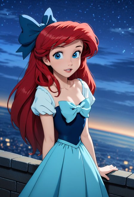 Anime,  redhead Ariel, original style, (blue bow in hair), night time, looking the stars
