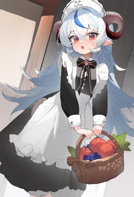 masterpiece, best quality, newest, absurdres, highres, very awa, anime screencap, no lineart:1.3, sketch, simple background, 1girl, pointy ears, horns, solo, basket, holding basket, red eyes, fruit, multicolored hair, maid, dress, long hair, maid headdress, holding, white background, food, simple background, fang, curled horns, looking at viewer, black dress, apron, grey hair, open mouth, :o, blue hair, hair between eyes, flower, skin fang, long sleeves, ribbon, maid apron, frills, white hair, streaked hair, crossed bangs, no lineart