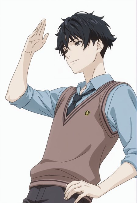 Smooth Quality,masterpiece,very intricate, high quality details, ultra realistic, high detailed skin,detailed enviorement,absurdres,
simple background, white background,solo,
from below,dancing, 
sad smile,
 <lora:FoodWCNN:0.8> foodwarstylecnn,
 asahi_cnn, 1boy, black eyes, black hair, short hair, blue shirt, brown vest, collared shirt, necktie, pants, sleeves rolled up, sweater vest