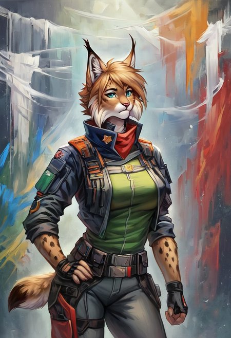 Score 9, Score_8_up, Score_7_up, ng_deepnegative_v1_75t, negative_hand, charturnerv2, knee-deep portrait of adult female,  banners, starship, high technology, shirt, fingerless gloves, soldier uniform,, , anime, Arknight provens, detailed background, cyberpunk, bandana,, furry,  lynx species,  lynx tail, lynx ears, muscle,