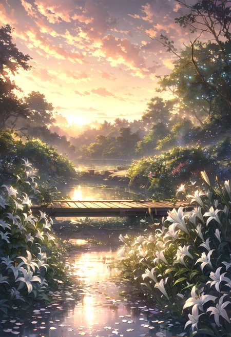 detailed background,( Calm spring night landscape), amongst lush greenery, beautiful view, lily flower in full bloom, lily flower, early morning, sunrise sky, beautiful clouds, dappled sunlight, beautiful, Tranquil Lake, Walkway, petals dancing in the wind, depth of field, masterpiece, best quality, ultra-detailed, very aesthetic, illustration, perfect composition, intricate details, absurdres, moody lighting, wisps of light, no humans,