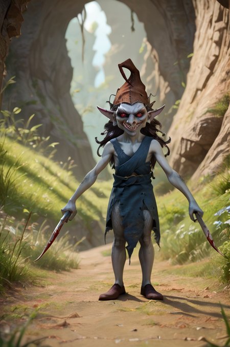 score_9, score_8_up, score_7_up, (goblin_xv, daemon), gray skin, detailed skin, red eyes, glowing eyes, detailed eyes, pointed ears, pointed nose, fingernails, hat, brown hat, rags, blue rags, shoes, brown shoes, pointed shoes, fingernails, <lora:FF_GoblinPony09:0.8>, indoors, cave, holding knife, blood on knife, look at viewer, looking excited, zPDXL2, zPDXLpg, zPDXLrl, shaded, best quality, highly detailed, extreme detail, photorealistic