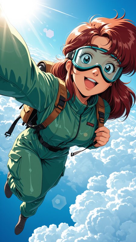 female, solo, portrait, retro artstyle, 2000s \(style\), <lora:add-detail-xl:1>,
incredibly absurdres, highres, masterpiece,
burgundy hair, upper teeth only, sky diving jumpsuit, green jumpsuit, parachute pants, goggles, covered face, backpack, sky diving, vibrant blue sky, fluffy clouds, sunlight, heavy lens flare, excited expression, (selfie:1.3, dutch angle), (fisheye:1.3)
looking at viewer, facing viewer, full body