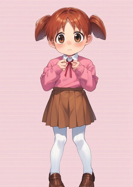 score_9, score_8_up, score_7_up, score_6_up, source_anime, zPDXL, <lora:ALTXL_pony_0061_8:2>, BREAK
1girl, solo,  <lora:Mihama_Chiyo_Chiyo-Chan:0.9> chiyo, twintails, Auburn hair, brown eyes, short twintails, little girl, child, playing with hair, shy, school uniform, brown loafers, brown skirt, pink shirt, white collar, red ribbon, neck ribbon,  <lora:Cotton_Tights:1> knit tights, white tights,