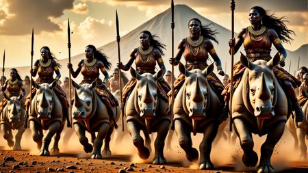 Real photograph of an army of African warrior women,  black skin, Nubian, beautiful, breathtaking,  athletic, (small breasts:1.4),  earrings, necklace, wrist bands,  dangerous, fierce, determined, battle hardened,  mounted atop angry and ferocious rhinoceros,  cavalry charging into battle with lowered spears, shields and spears bearing war decorations,  fierce angry painted faces full of rage, yelling fierce war cries,  African Savannah with mount Kilimanjaro in the background,  intricate details, masterpiece, elegant, complex patterns,  (full body shot from head to toe:1.6),  dramatic and dynamic morning lighting, intense atmosphere,  <BaroqueColorful:0.72>