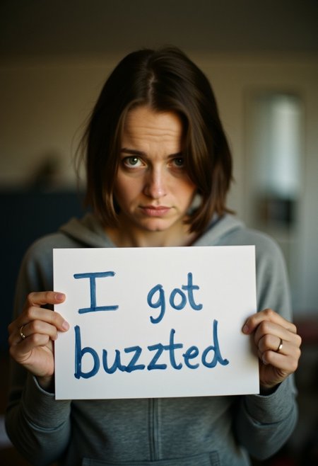 An amateur-style photo of a sad woman holding up a piece of paper with the handwritten text "I got buzzted" on it. The woman has a somber expression, looking down slightly. The lighting is soft and natural, like it was taken in a casual indoor setting. The paper is held up near her chest with both hands, and the background is slightly blurred to focus on the girl and the paper. She is wearing casual clothing, like a hoodie or t-shirt. The overall tone is raw and unpolished, capturing the candid nature of an amateur photo.