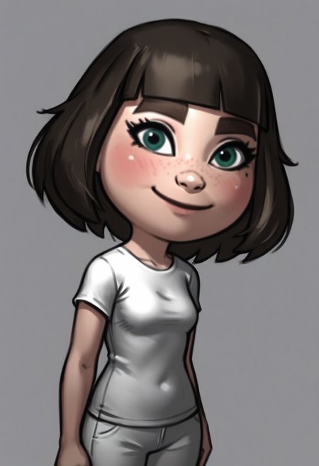 score_9, score_8_up, score_7_up, rating_safe, 
concept art, realistic, dark theme, low light,
small nose, blush, white pants, smile, white skin, green-ish brown hair, sneakers, green eyes, female mii, fringe, mii, cute, brown eyebrows, long hair, small breasts, wii u, 1girl, white clothing, Millie_(\Wii_Sports_Club\)