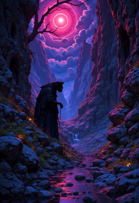 A cat assassin feline figure crouches around the corner and looks for the enemy motifs of Zdzisław Beksiński and the surreal atmosphere of Roger Dean's landscapes mythp0rt aidmanijiv6