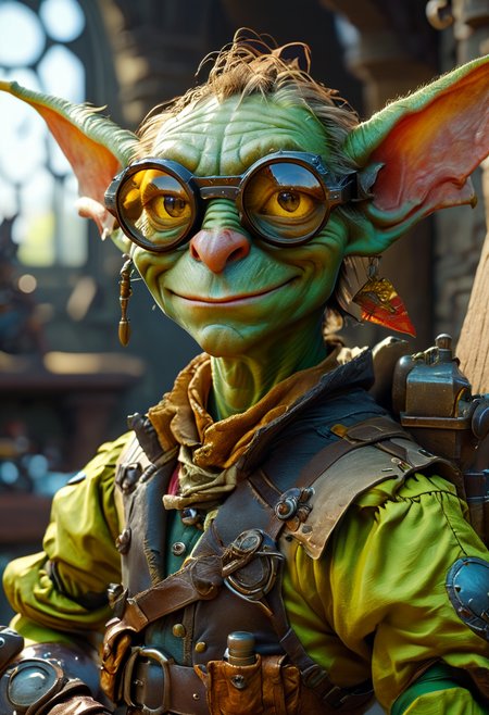 masterpiece, best quality, 8k, professional , by famous artist , trending on artstation, intricated details, detailed,   realsitic, boekh , photorealistic,  dark shadows, natural light, dramatic,  source_realistic, zPDXL, Gazlowe - The Goblin Tinker, a clever and inventive goblin engineer, wearing goggles and a toolbelt.