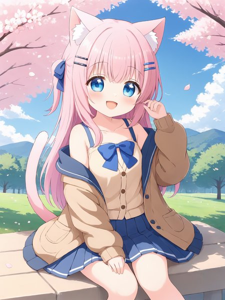 1girl,animal ears,skirt,cat ears,outdoors,tail,solo,blue eyes,pink hair,cat tail,shirt,long hair,smile,white shirt,sitting,hair ornament,off shoulder,animal ear fluff,cherry blossoms,blue skirt,cat girl,open clothes,pleated skirt,hairclip,day,long sleeves,ribbon,tree,looking at viewer,:d,sleeves past wrists,open mouth,petals,jacket,bangs,blush,bow,hand up,sky,collarbone,open jacket,blue bow,cardigan,hair ribbon,one side up,open cardigan,brown cardigan,feet out of frame,<lora:Animation illustration style supplementary model-SDXL-Locon-2025.1.16-version1-64-32-16-8:0.6>,