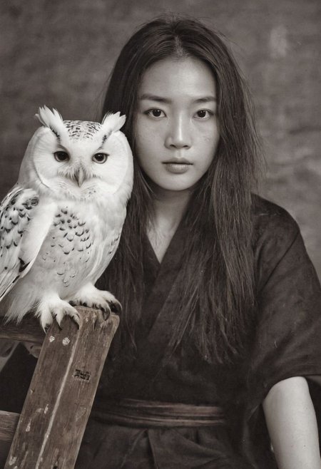 closeup portrait of a female freckled 4ng3l face feudal ninja  with long hair, dressed in a black Hanfu, sits casually on a wide-legged wooden stool. One arm is extended, and a majestic white owl with outstretched wings perches gracefully on it. The photo should be in black and white, emphasizing the contrast and elegance of the scene. monochrome