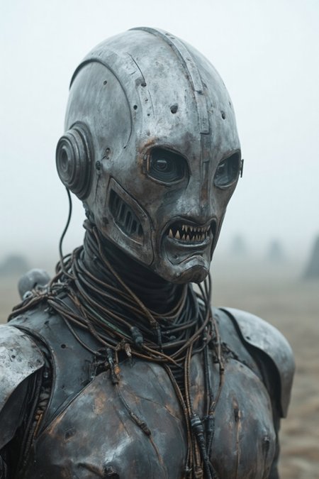 A humanoid figure with a metallic helmet that has rectangular eye openings and a mouth made of sharp teeth. The helmet is adorned with various cables and wires wrapped around its neck and shoulders. The background is misty and appears to be a barren landscape with some structures in the distance.