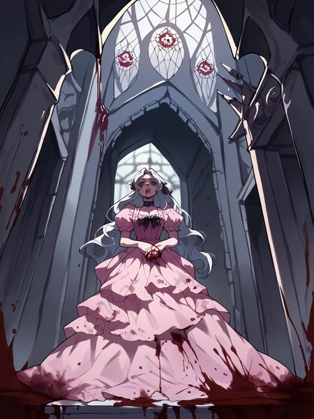 score_9, score_8_up, score_7_up, score_6_up, score_5_up,  <lora:lalangheejXLP:1> lalangheej, 1girl, pink dress, long hair, blood, gothic, castle
