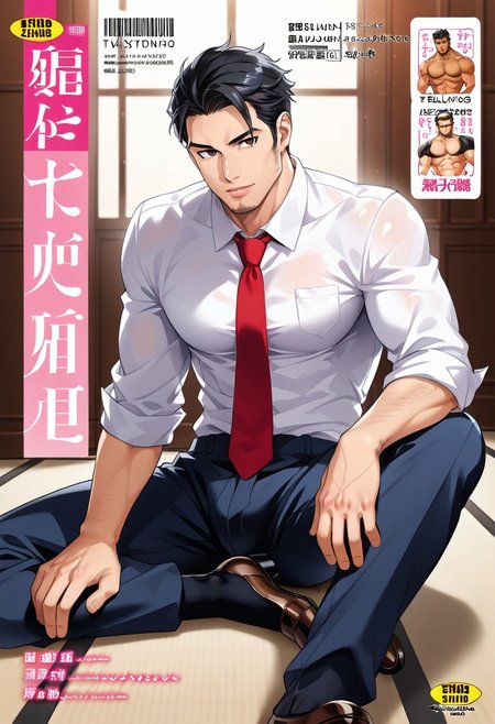 safe_pos, (Aaaild, Aaadjd, manga cover, magazine cover, text) source_anime, safe_pos, perfect anatomy, perfect proportions, best quality, masterpiece, high_resolution, high quality, solo focus, male focus, male only, bara, gay, homo, mature, masculine, manly, virile, macho, hunky, rugged, middle-age, daddy, dilf, handsome, alluring, seductive, heroic, serious, grim, stern, unsociability, bluntness, gruffness, naughty face, moaning, dazed, looking away, focusing gaze, BREAK (asian man, dark eyes, black hair, sideburns, facial hair, stubble, beard), BREAK (salaryman, white collared shirt, sleeves rolled up, necktie, dark pants, black socks), BREAK sitting on floor, lying on back, relaxed pose, leaning slightly, one knee bent upward, legs spread, hand supporting head, contemplative expression, horny, kinky, domination, heavy breathing, enticed, excessively sweaty shiny skin, shading, countershading, indoors, lights off, office room, dark atmosphere, 
