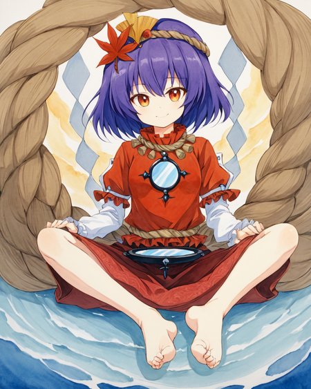 yasaka kanako,1girl, solo, shimenawa, barefoot, traditional_media, sitting, mirror, smile, painting_\(medium\), leaf_hair_ornament, long_sleeves, skirt, watercolor_\(medium\)
<lora:yasaka_kanako_image2545_2023-12-20-000010:1>,star-shaped_pupils,symbol-shaped_pupils,. gorgeous,key visual, vibrant, studio anime,award-winning, professional, highly detailed,high budget, cinemascope
