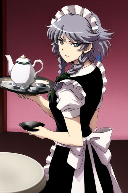 izayoi sakuya, 1girl, apron, balcony, black dress, braid, chair, cup, dress, grey eyes, grey hair, hair ribbon, looking back, maid, ribbon, saucer, solo, table, tea set, teacup, teapot, tray, twin braids, 
masterpiece, best quality, very aesthetic, absurdres, pixiv, anime coloring