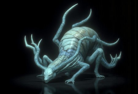This creature presents a fusion of snake human head and snail features. Its core design revolves around a serpentine body integrated with a shell. the creature appears ethereal and luminous, with a pearl-like, almost celestial shell and a pale, ghostly body. 
Set against a solid dark black color background to emphasize its unsettling unnatural form that emphasizes its silhouette. The medium is not a traditional painting or illustrative medium like watercolor or ink but rather a digital 3D rendering.
MikeFranchinastyle, d4artstyle, d4concept, , bbstyle,, horror theme,, zbrush, ZBClay model of a gray sculpture, 1990's, 1990's style
