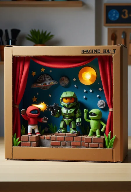 <lora:Finger_Puppet_Theater_FLUX-000013:0.9>
The image is a photograph of a whimsical, handcrafted diorama with a cardboard box set up as a stage,  featuring  Master Chief shooting at aliens in space