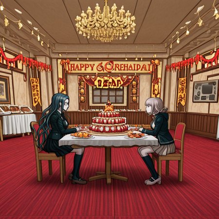 masterpiece, best quality, absurdres, <lora:Danganronpa_Locations:1>,  danganronpa sprite style, danganronpa_sprite_style , <lora:Chiaki_Nanami_Illustrious:0.2>,2girls, side-by-side ,  BREAK,danganronpa_(series), danganronpa_2:_goodbye_despair, nanami_chiaki,1girl, breasts, brown_hair, collared_shirt, flipped_hair, hair_ornament,hood, jacket, long_sleeves, medium_hair, neck_ribbon, open_clothes, open_jacket, pink_eyes, pink_ribbon, pleated_skirt, ribbon, shirt, skirt, solo, spaceship_hair_ornament, thighhighs, white_shirt, shoes, pink_shoes, BREAK,danganronpa_(series), danganronpa_v3:_killing_harmony, shirogane_tsumugi, 1girl, black_jacket,blue_corset, blue_hair, bow, bowtie, breasts, collared_jacket, corset,glasses, jacket, kneehighs, long_hair, long_skirt, long_sleeves, orange_bow, orange_bowtie, orange_ribbon, pleated_skirt, ribbon,shirt, skirt, socks, very_long_hair, wavy_hair, white_shirt, socks, shoes, brown_shoes, blue_socks , indoor,banquet,buffet,ceiling_fan,chandelier,decorations,food_on_table,striped_carpet,air_conditioner,red_carpet,fruit,desserts,lighting,event_hall,party_setting,red_decorations,ceiling_decorations,food_display,catering,celebration,danganronpa,danganronpa_(series),danganronpa_2:_goodbye_despair,danganronpa 2,danganronpa sprite style,danganronpa_sprite_style