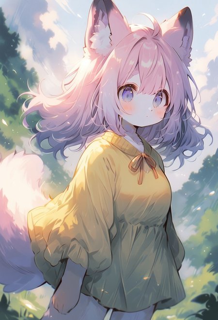 masterpiece, best quality, amazing quality, high quality, wide angle, score_9, score_8_up, score_7_up, source_anime,1girl, (light pink big tail:1.1),squirrel furry female, anthro, hillside,gress,side view, cute,kawaii,(light pink hair:1.1 AND light purple hair:0.95),(multicolored hair:1.2),very long hair,high twintails, ahoge,blue eyes, yellow priness dress,fox ears,white pantyhose, fold-over boots,detailed_eye,backlighting,wind,summer,