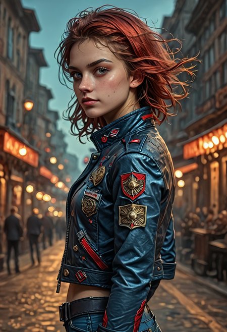 1girl, side view, she is Nausica of the Valley of the Wind, solo, masterpiece, absurdres, best quality, (colorful), cinematic lighting, realistic, dynamic pose, extremely detailed, head turned to look at viewer, red hair, beautiful detailed face,(intricate detailed blue short military jacket with gold inlaid, cleavage,extremely short miniskirt, military black boots), stands alone on the middle of a street with lampposts and burning fires in the background, solo, masterpiece, absurdres,  dynamic pose, the Sun shines over her, sun rays in her hair,subsurface scattering, remarkable color, ultra realistic, textured skin, remarkable detailed pupils, realistic dull skin noise, visible skin detail, skin fuzz, dry skin, bokeh, sharp focus on subject. no headgear,extremely detailed, looking at viewer, beautiful detailed face, subsurface scattering, remarkable color, ultra realistic, textured skin, realistic dull skin noise, visible skin detail, skin fuzz, dry skin, bokeh, sharp focus on subject.